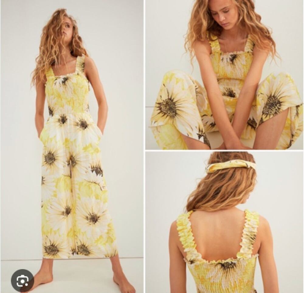 H&M Sunflower Smoked Wide Leg Tank Jumpsuit Yellow White Bohemian Beach Size S